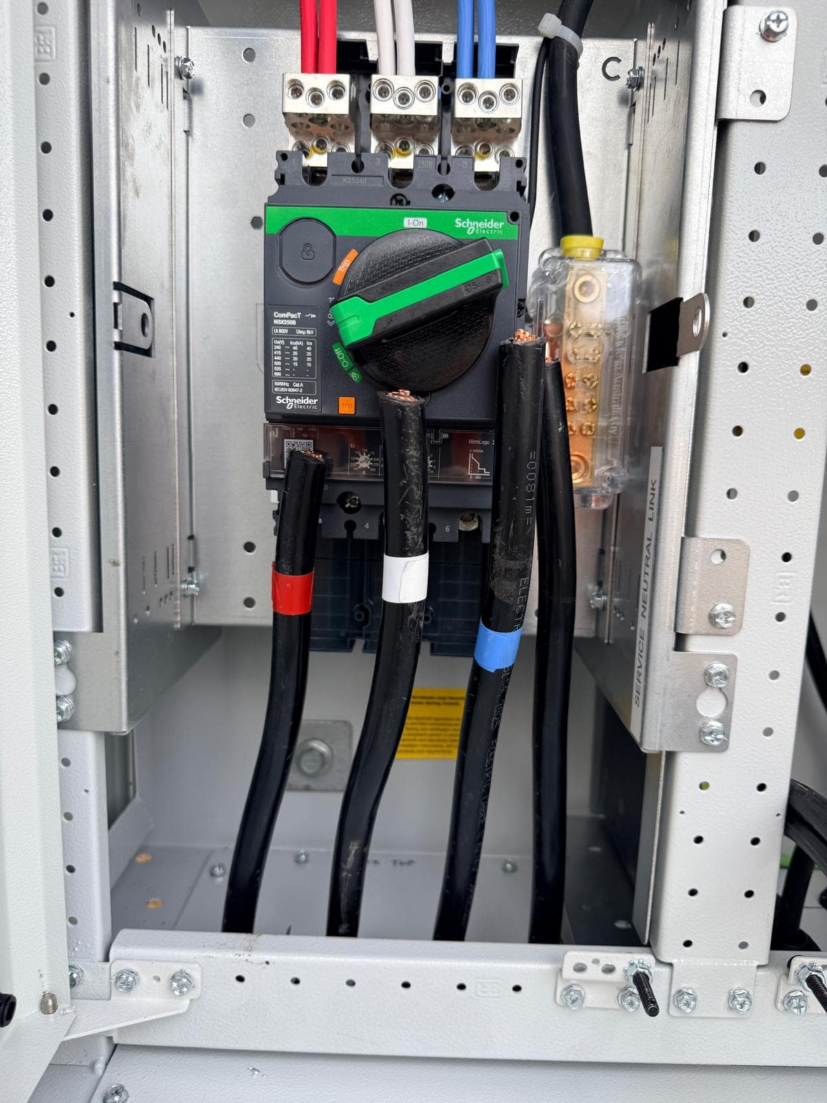 New three phase main switch with phase marked tails installed by Thorntek