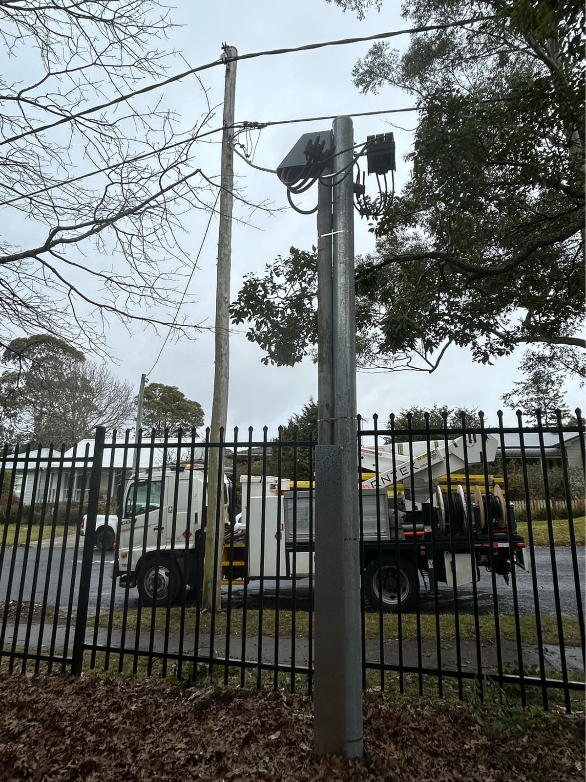 New steel private power pole connected to the network with the Thorntek boom truck parked behind